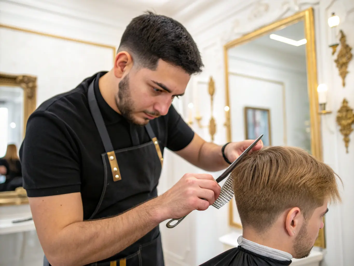 Image of a stylist giving a haircut to a client in a modern salon chair, showcasing the precision and care involved in a professional haircut service at Lund Frisør DA.