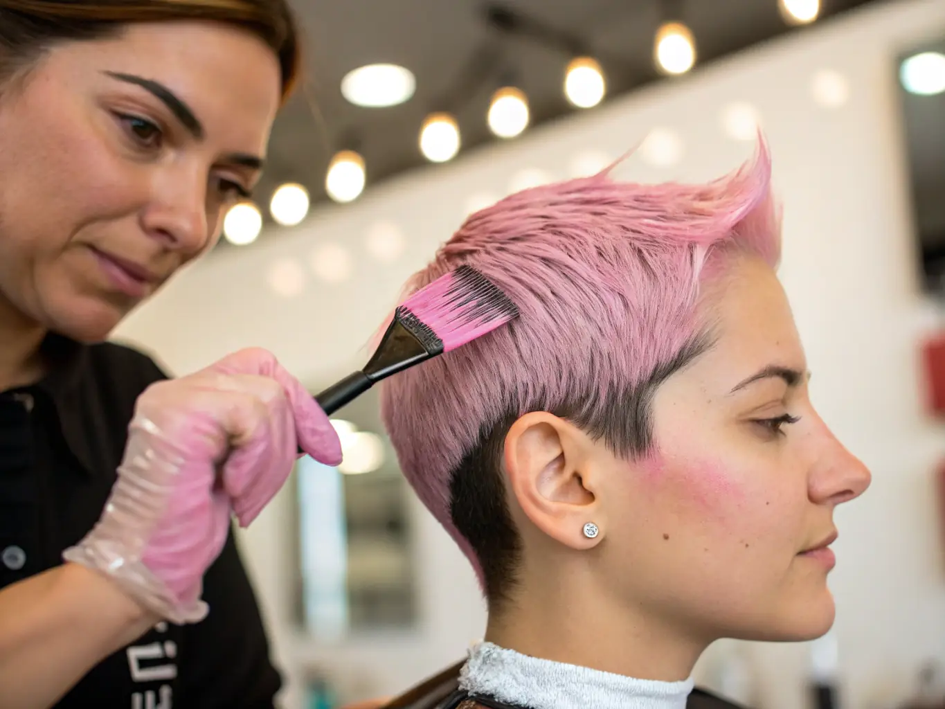 Close-up of a stylist applying hair color with foils for highlights, demonstrating the expertise and attention to detail in the hair coloring services at Lund Frisør DA.