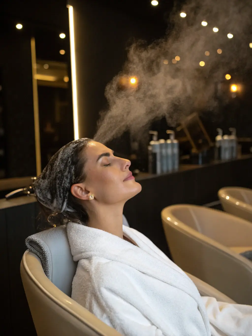 A serene image of a client receiving a deep conditioning hair treatment, emphasizing the relaxing atmosphere and the nourishing benefits of the service.