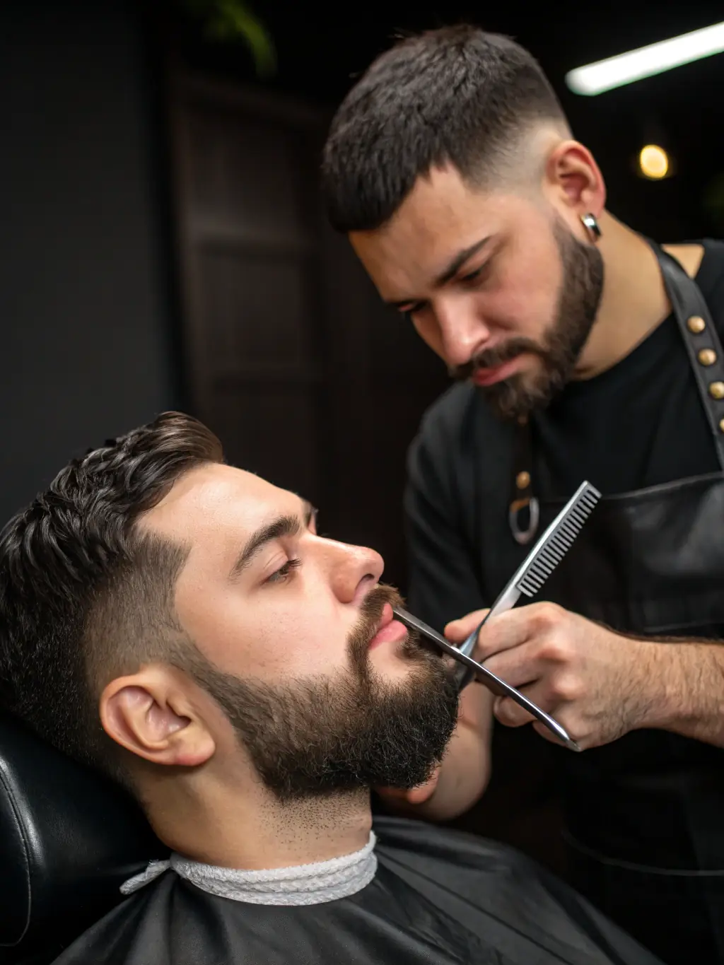A close-up shot of a man receiving a precise beard trim, highlighting the barber's attention to detail and the sharp lines of the finished beard.